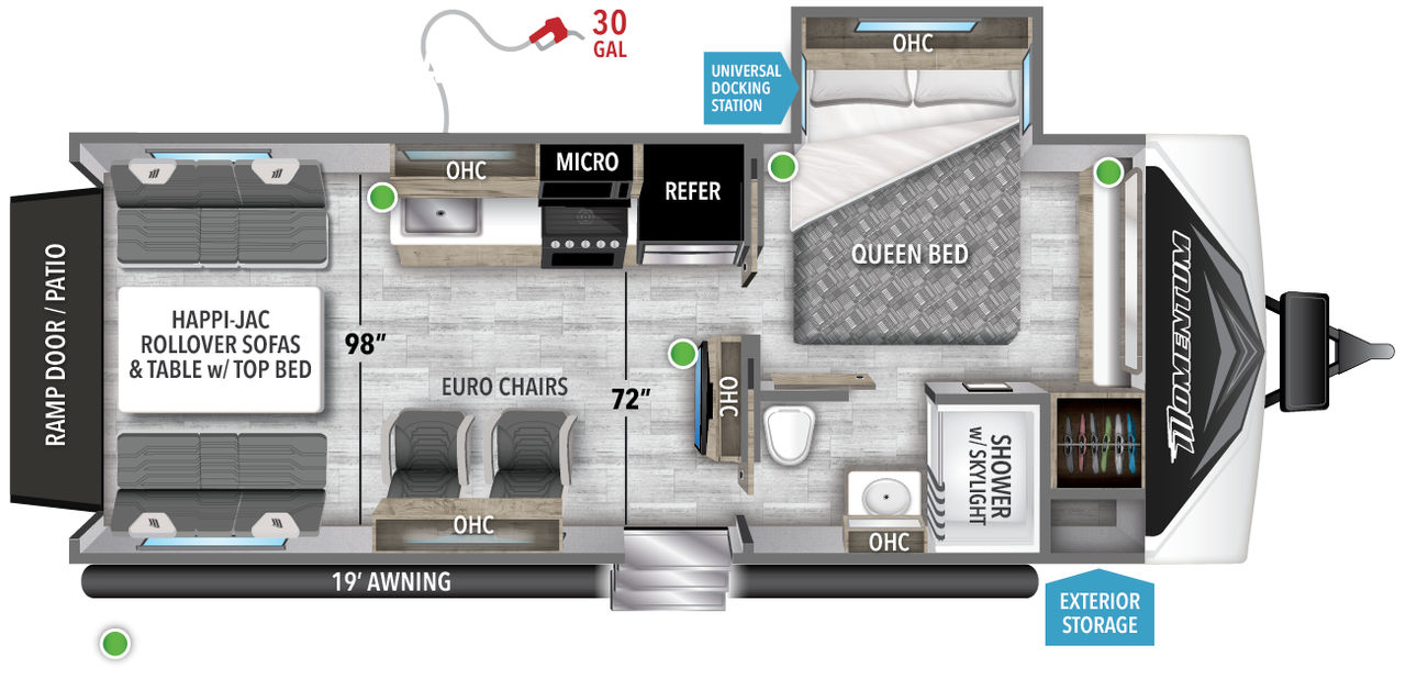 This Momentum Travel Trailer features a 14’ Garage, euro chairs, and Queen bed. 