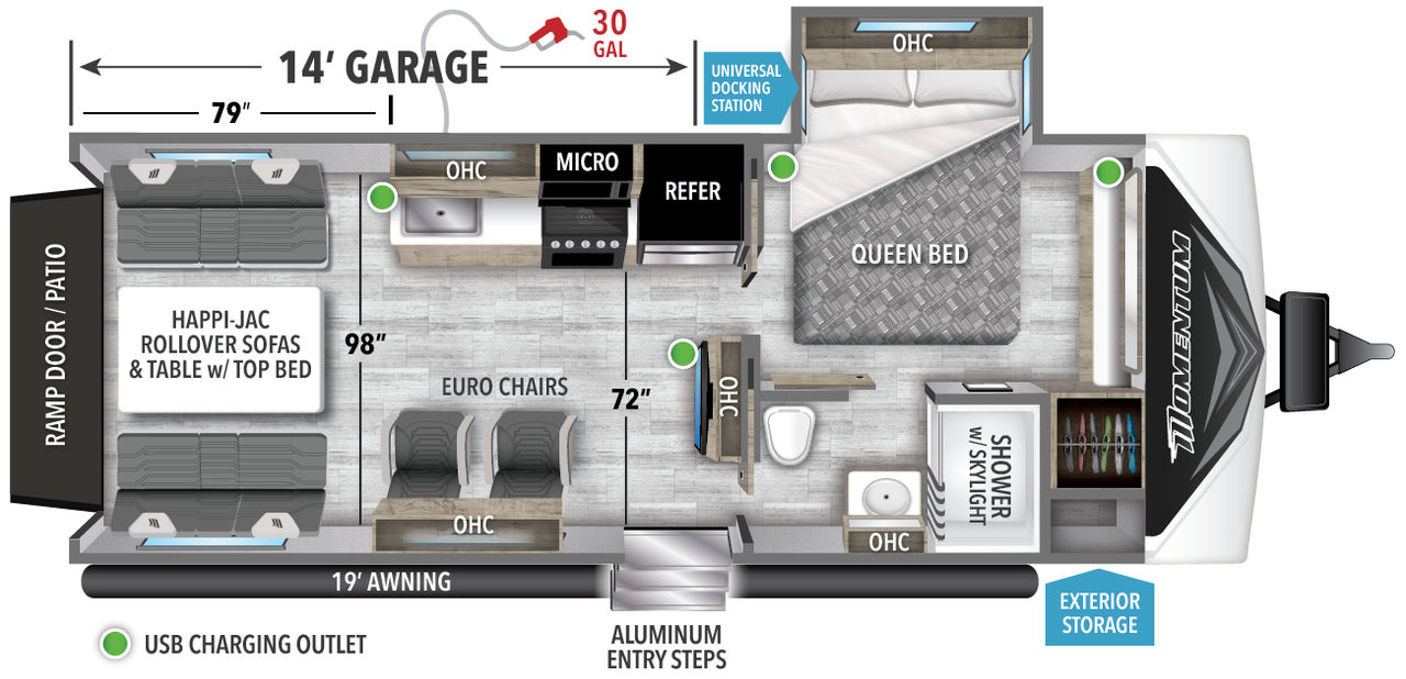 This Momentum Travel Trailer features a 14’ Garage, euro chairs, and Queen bed. 