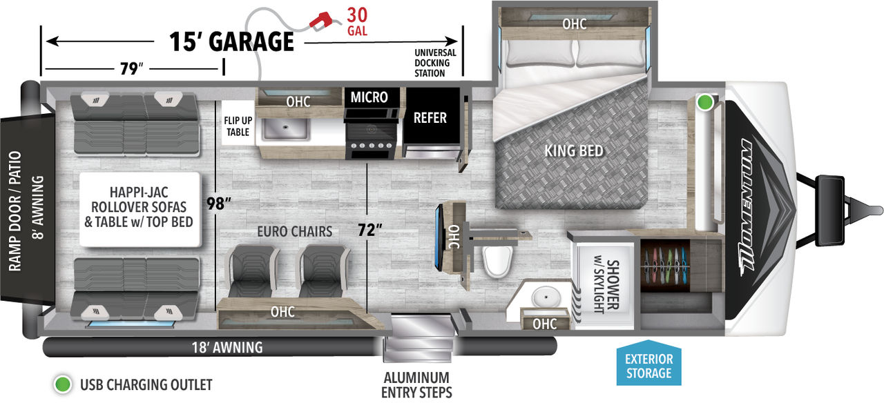 This Momentum Travel Trailer features a 15’ Garage, euro chairs, and Queen bed. 