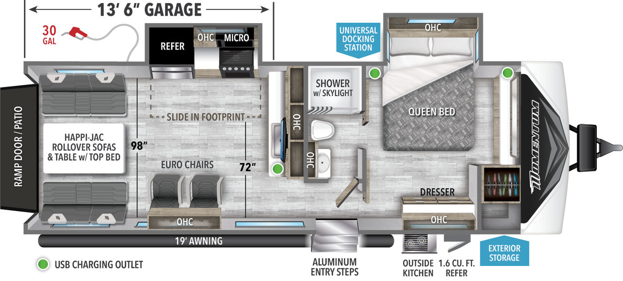 This Momentum Travel Trailer features a 13’6” Garage, outside kitchen, and Queen bed. 