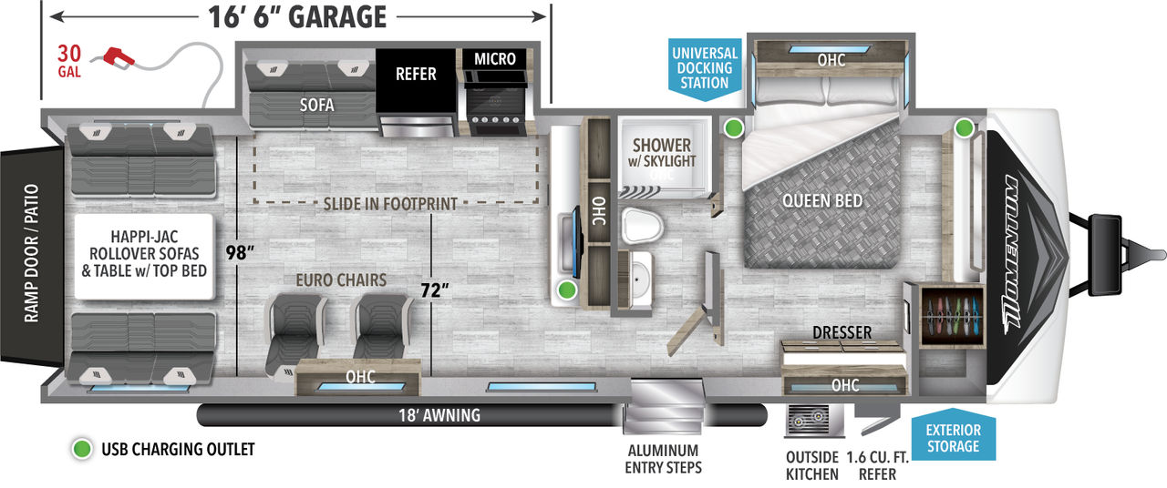 This Momentum Travel Trailer features a 16’6” Garage, outside kitchen, and Queen bed. 