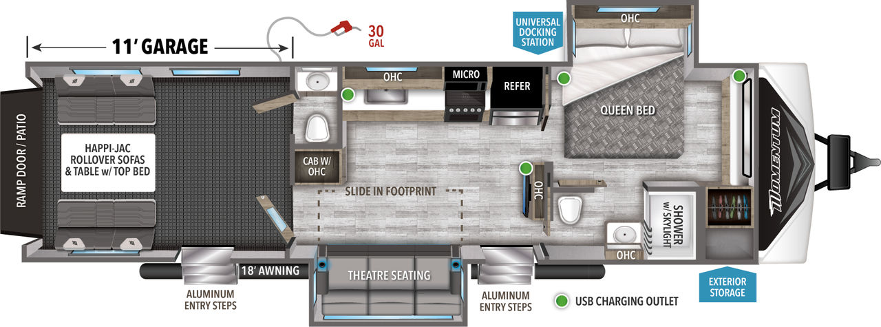 This Momentum Travel Trailer features a 11’ Garage, theatre seating, and Queen bed. 