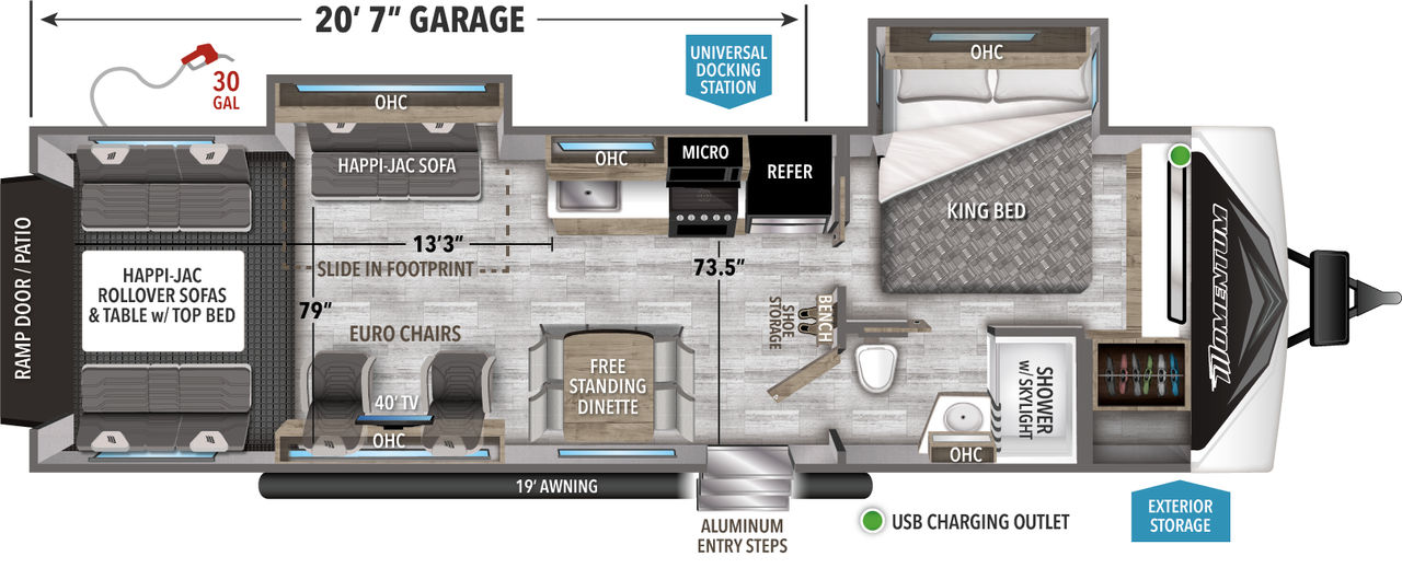 This Momentum Travel Trailer features a 20’7” Garage, free standing dinette, and Queen bed. 