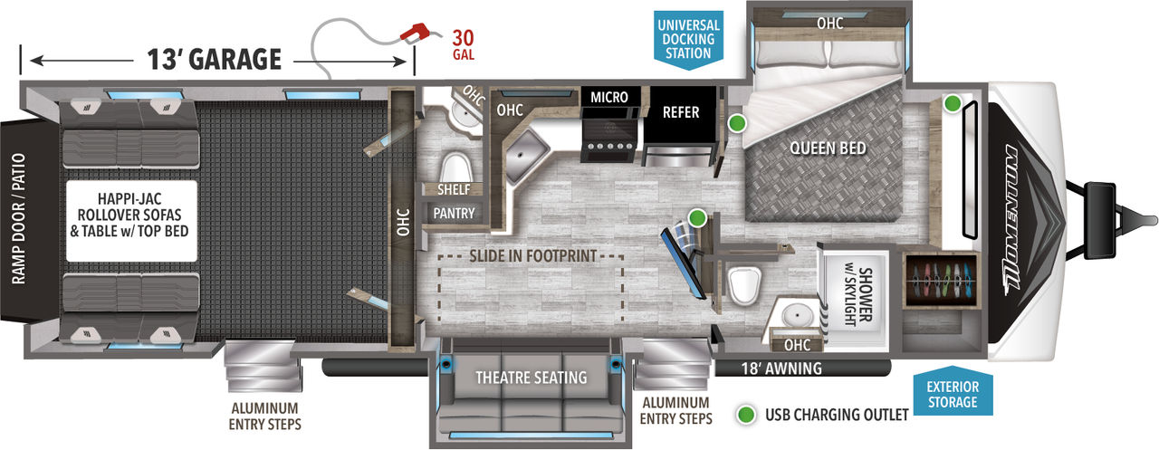 This Momentum Travel Trailer features a 13’ Garage, theatre seating, and Queen bed. 