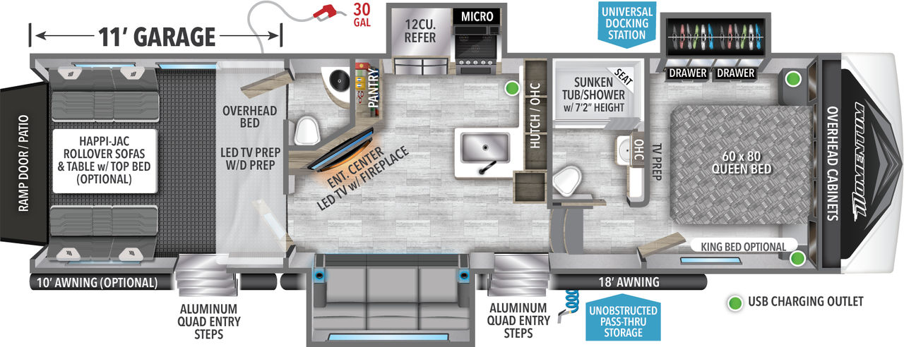 This Momentum Fifth Wheel features a 11’ Garage,  theatre seating, and Queen bed. 