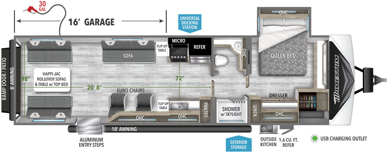 This Momentum Travel Trailer features a 13’6” Garage, outside kitchen, and Queen bed. 