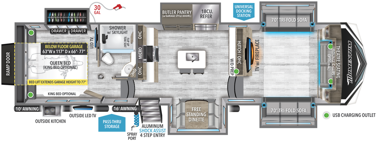 This Momentum Fifth Wheel features a below floor garage, butler pantry, Queen bed and front living area. 