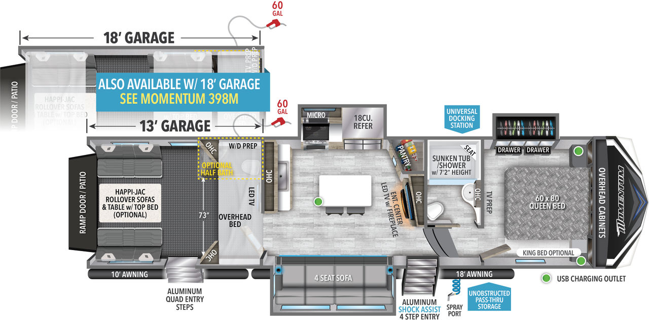 This Momentum Fifth Wheel features a 13’ Garage, 4 seat sofa, and Queen bed. 