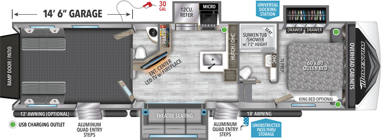 This Momentum Fifth Wheel features a 14’6” Garage, 2 bathrooms, theatre seating, and Queen bed. 