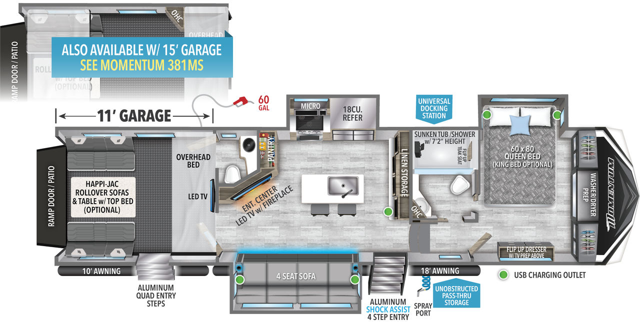 This Momentum Fifth Wheel features a 11’ Garage, 4 seat sofa, and Queen bed with Walk-In Closet. 