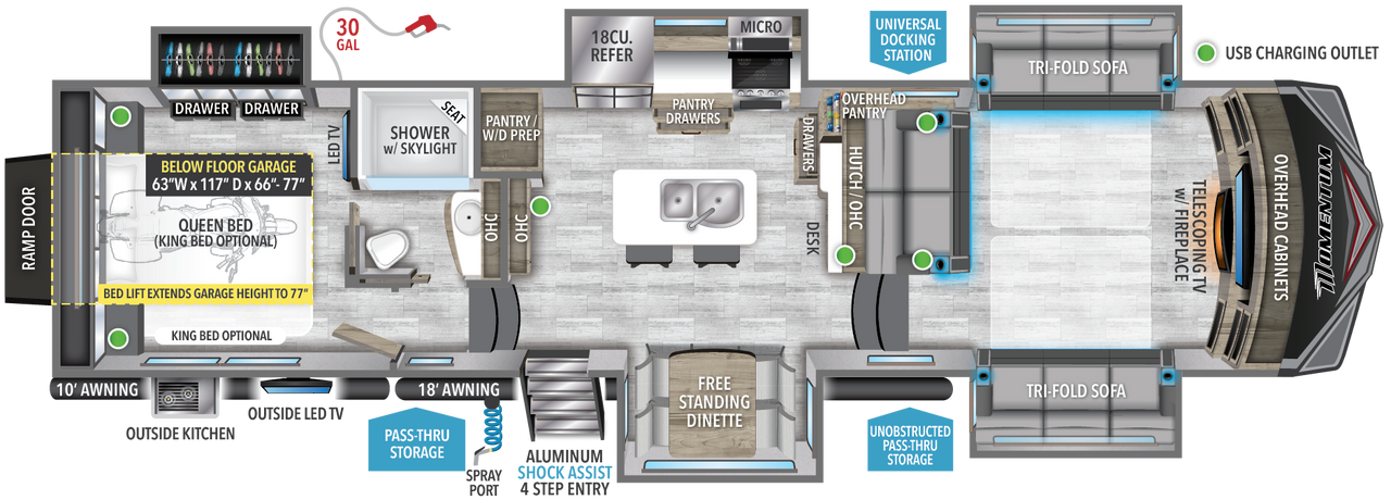 This Momentum Fifth Wheel features a below floor garage, 4 seat sofa, and Queen bed with front living area. 