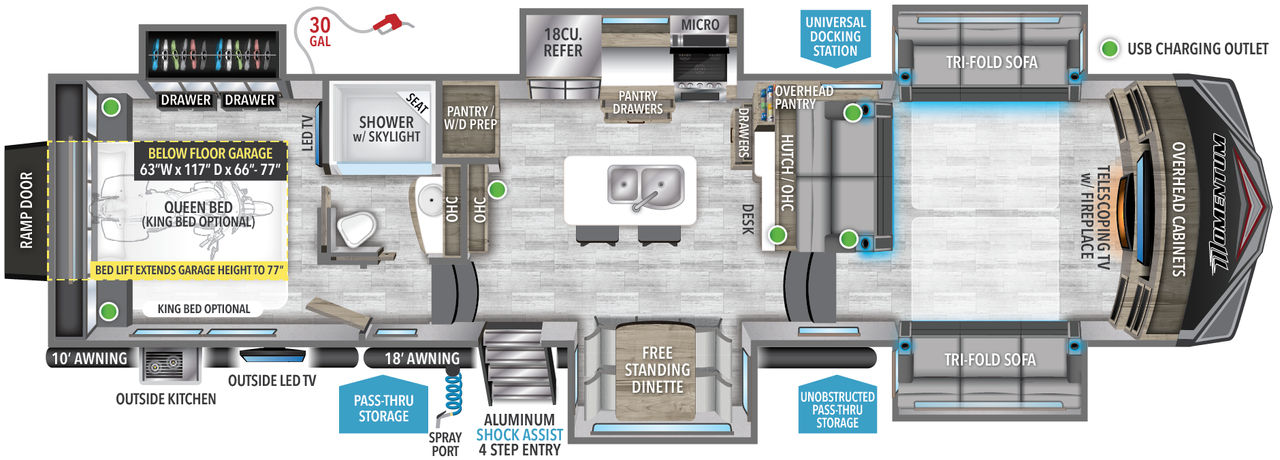 This Momentum Fifth Wheel features a below floor garage, 4 seat sofa, and Queen bed with front living area. 