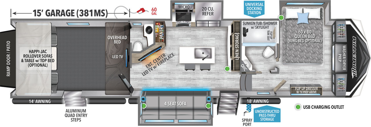 This Momentum Fifth Wheel features a 15’ Garage, 4 seat sofa, and Queen bed with Walk-In Closet. 