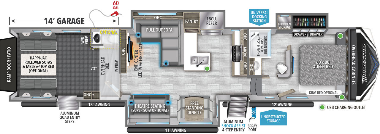 This Momentum Fifth Wheel features a 14’ Garage, pull out sofa, and Queen bed. 