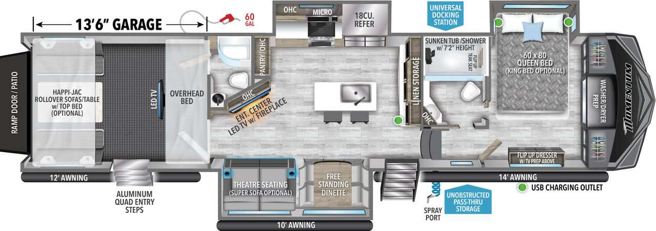 This Momentum Fifth Wheel features a 13’6” Garage, 2 bathrooms and Queen bed with Walk-In Closet. 