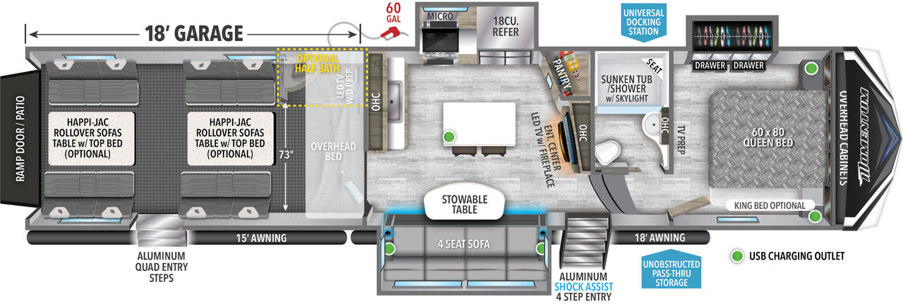 This Momentum Fifth Wheel features a 18’ Garage, 4 seat sofa, and Queen bed. 