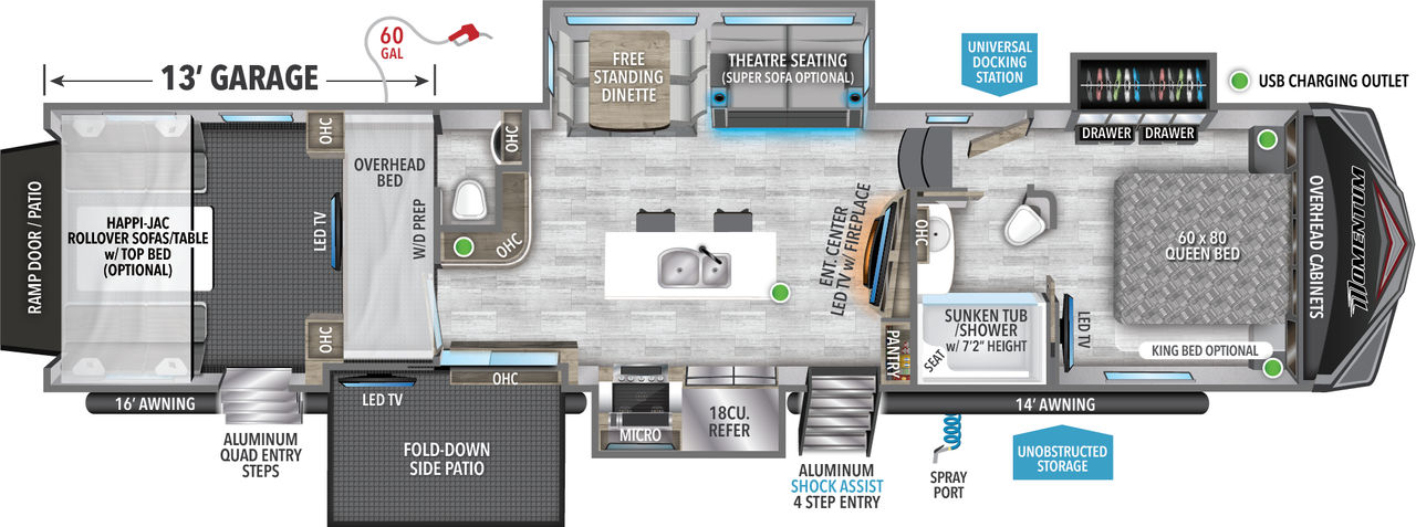 This Momentum Fifth Wheel features a 13’ Garage, Free Standing Dinette and Queen bed. 