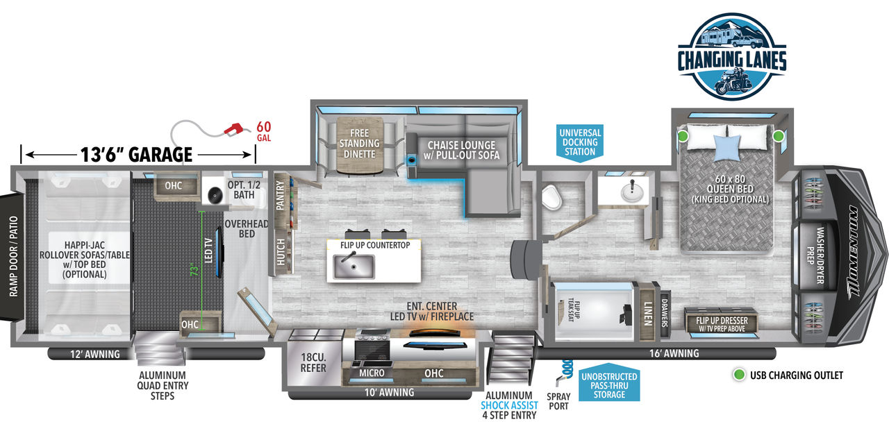 This Momentum Fifth Wheel features a 13’6” Garage, Chase Lounge and Queen bed with Walk-In Closet. 